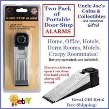 TWO PACK: Portable Door Stop 120dB Alarms! Low Cost Protection Roommates Motels