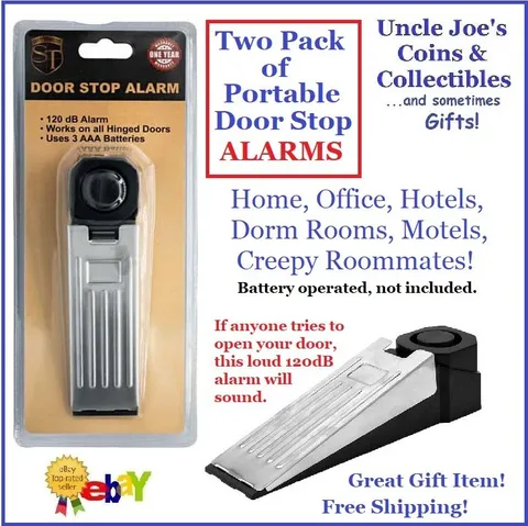 TWO PACK: Portable Door Stop 120dB Alarms! Low Cost Protection Roommates Motels