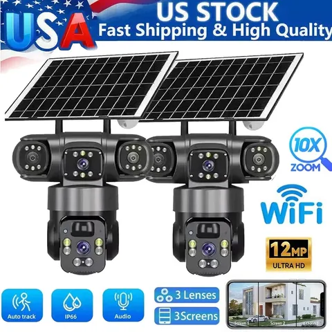 3 Lens 12MP Solar Battery Home Security Camera Outdoor Wifi Wireless PTZ CCTV US