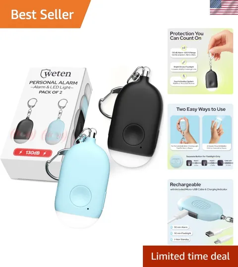 Rechargeable Personal Alarm Keychain - 130dB Siren & LED Light - 2 Pack Perso...
