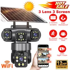 3 Lens 12MP Solar Battery Home Security Camera Outdoor Wifi Wireless PTZ CCTV US