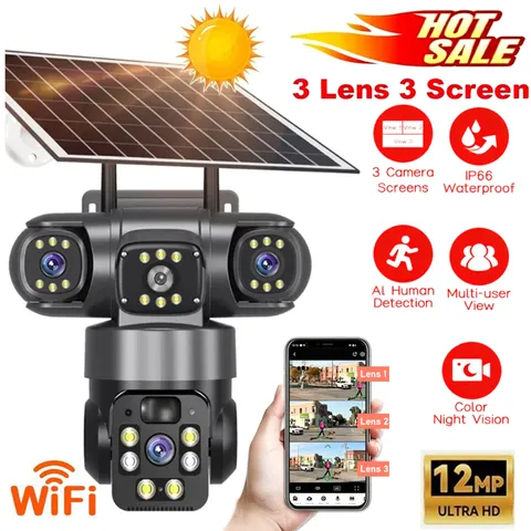 3 Lens 12MP Solar Battery Home Security Camera Outdoor Wifi Wireless PTZ CCTV US