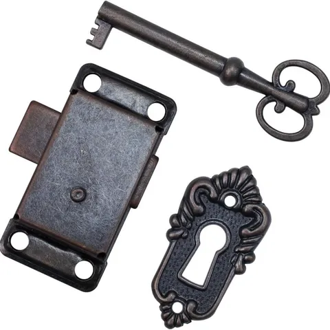 Antique Bronze Cabinet Lock with Keys, 2.09" x 1.06" Vintage Furniture Door L