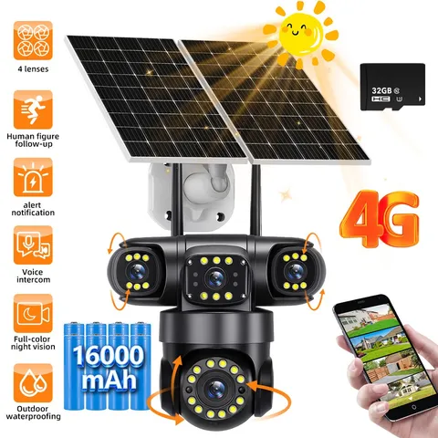 4G 4-Lens Solar Battery Powered Security Camera Surveillance Camera System+32GB
