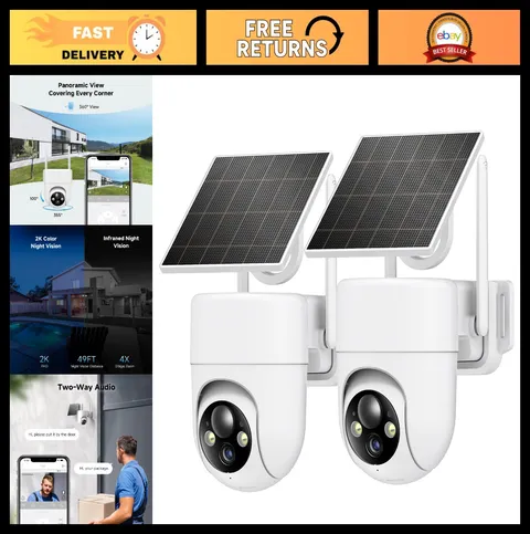 2K Wireless Solar Security Cameras - 2PCS Outdoor, 360° View, Color Night Vision