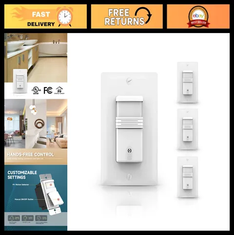 4-Pack In-Wall PIR Motion Sensor Light Switches, Single Pole, On/Off Override, U