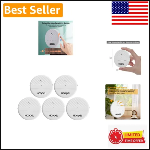 5 Pack Glass Break Sensors - 125dB Vibration Window Alarms for Ultimate Security