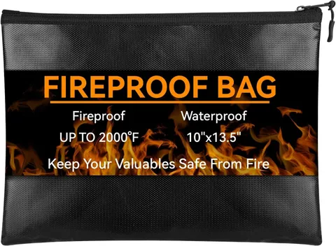 Fire Resistant Document Money Bag Waterproof Zipper Pouch 10x13.5in Black