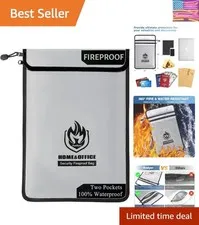 Upgraded Two Pockets Fireproof Document Bag 2000℉, 15”x 11”Waterproof Firepro...
