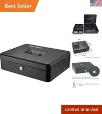 Black Money Saving Box with Cash Tray and Key Lock, Portable Safe Box with Ca...