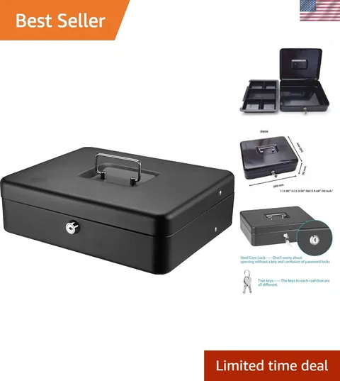 Black Money Saving Box with Cash Tray and Key Lock, Portable Safe Box with Ca...