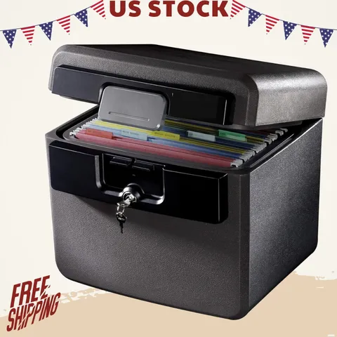 NEW Black Fireproof Waterproof File Document Box Key Lock 14.3x15.5x13.5 Safebox