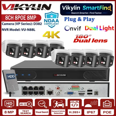 Vikylin SmartFind 8CH 8POE NVR 4K 8MP Dual Lens POE IP Camera 180° Panoramic Lot