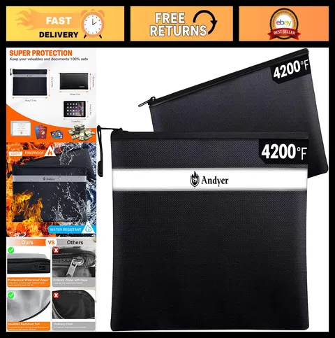 Fireproof Document & Money Bag Set - 2 Pack Waterproof Safe Pouches for Cash & V