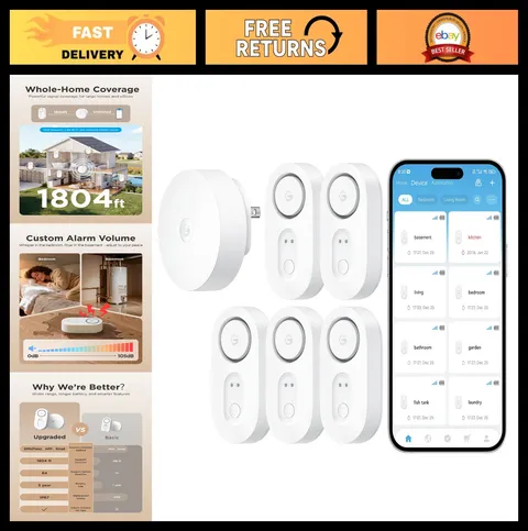 Smart Water Leak Detector 5 Pack - WiFi Sensor with 1804 ft Range, Alarm & 5-Yea