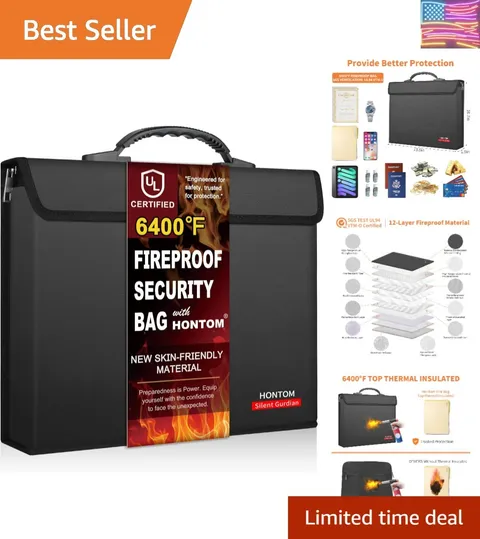 Fireproof Document Bag with 2 Pockets, 6400℉ Upgraded Material Fireproof Mone...
