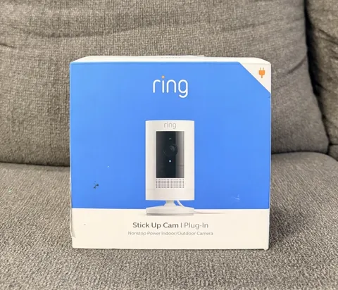 Ring Stick Up Cam Plug IN Indoor/Outdoor 1080p Wi-Fi Wired Security Camera White