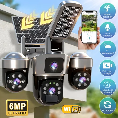 Camara de Seguridad Solar Wifi Exterior 6MP 3 Lentes PTZ Domo Vigilancia Farola
