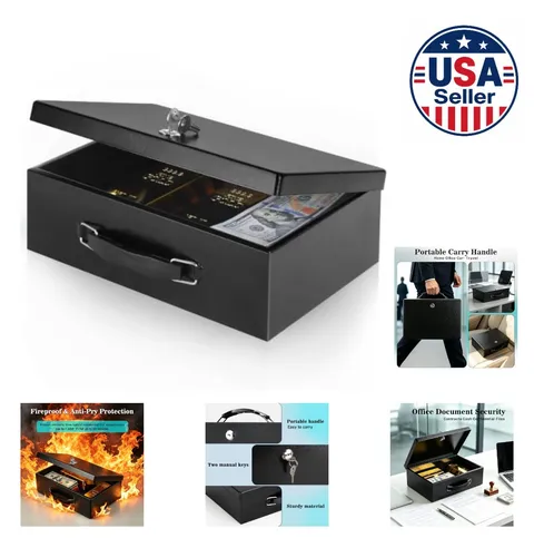 Fireproof Document Box Key Lock Security Safe Steel Black Portable Home Office