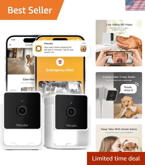 Pack of 2 Indoor Wi-Fi Pet Security Cameras with 1080p HD, Night Vision & Alerts