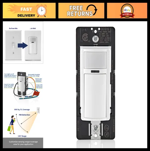15A Occupancy Motion Sensor In-Wall Switch, Auto/Manual On, Multi-Way, White/Ivo