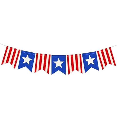Pre-Strung Patriotic Linen Banner with Red, White & Blue Star Panels, Rustic