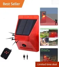 Solar Outdoor Motion Sensor Alarm with Siren 129db Strobe Light Remote 26ft