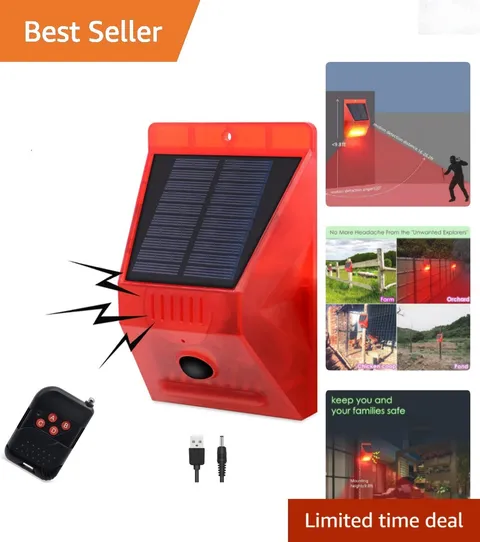 Solar Outdoor Motion Sensor Alarm with Siren 129db Strobe Light Remote 26ft