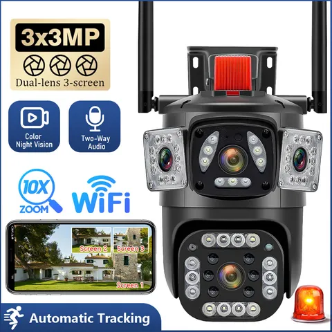 9MP Camara De Seguridad Wifi Con Vision Nocturna Para Exterior Tres lentes