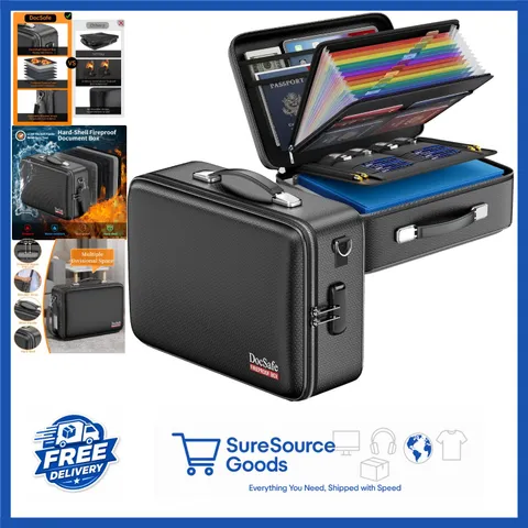 Black Fireproof Document Box with Accordion File Folder, Water Resistant Safe