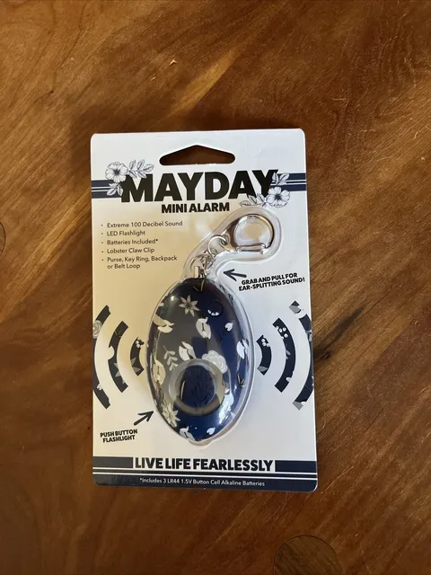 MAYDAY Mini Self Defense Alarm on a Keychain, 100 dB, Floral Blue, NEW