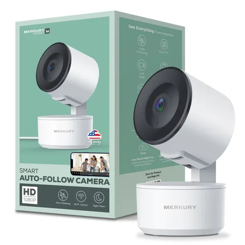 Merkury Smart Wi-Fi Camera 1080p Auto Tracking Pan Tilt Night Vision White New