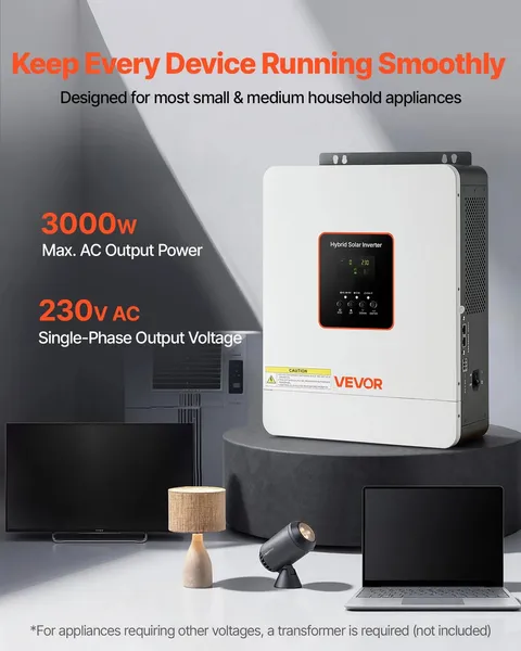 3000W Hybrid Solar Inverter, 24V DC to 230V AC, Pure Sine Wave Power Inverter, B