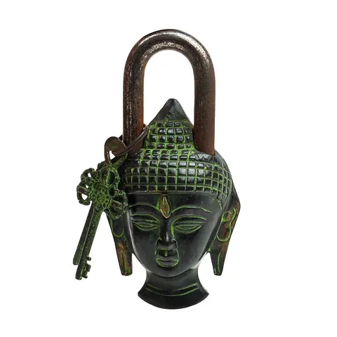 Handmade Vintage Style Rare Buddha Design Functional Brass Padlock With 2 Keys