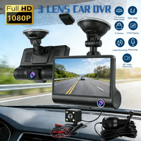3 Lens Car DVR Dash Cam 4 inch Video Recorder Front and Rear Camera Night Vision