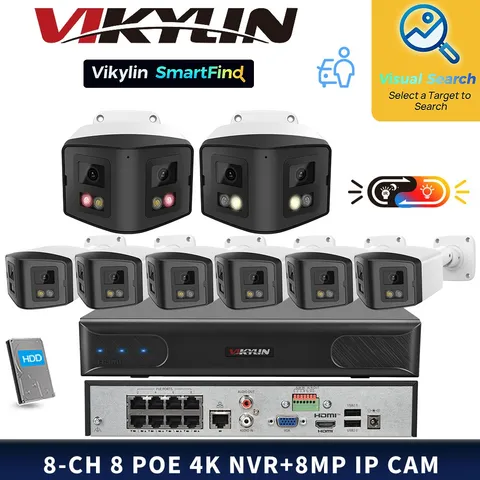 VIKYLIN 8POE 8CH NVR System Dual Night Color light 180View 8MP 4K IP Camera Lot