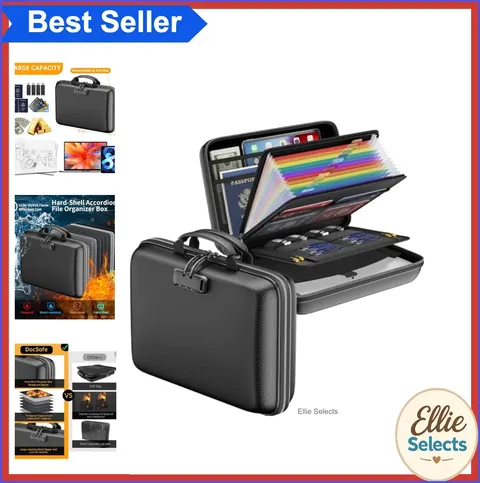 Fireproof File Organizer with Lock 13 Pocket Accordion Hard-Shell Document Case
