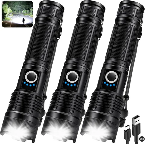 3 Pack KINGCAESAR LED Flashlights Rechargeable High Lumen Waterproof Handheld