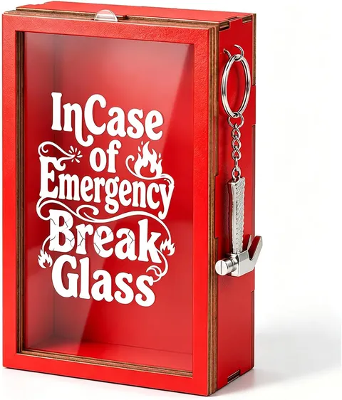 Funny Gag Gifts for Adults - Break in Case of Emergency Box with Hammer, White E