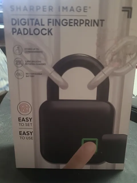 Sharper Image® Fingerprint Lock in Black Digital PADLOCK, NIB 3.6” X 1.8”
