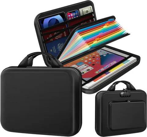 Hard Shell Fireproof Document Box with Combination Lock, 13 Pockets Accordion