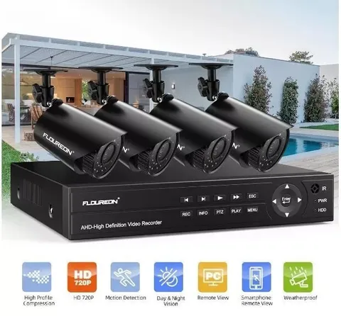 Floureon Security Camera NTSC System 4 AHD Cameras, 720P, 4CH DVR (NO HDD)
