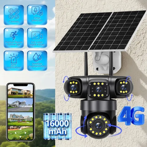 4G LTE Solar Security Camera Wireless 4-Lens Outdoor PTZ CCTV IP Cam Dual Panel