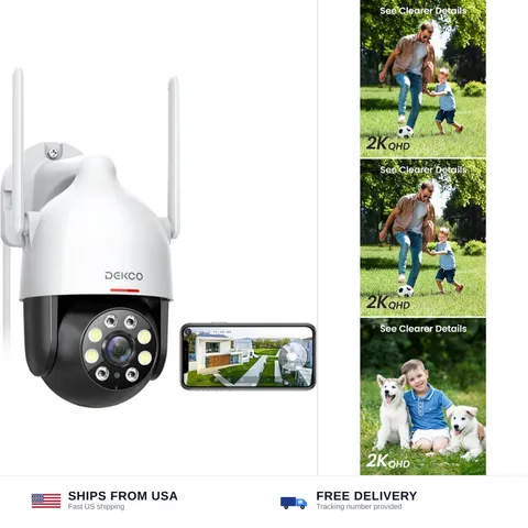 DEKCO 2K Outdoor WiFi Security Camera, Plug-in Pan-Tilt Dome | App viewing, m...