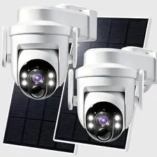 2Pcs Wireless Security Camera System Outdoor 360° PTZ WiFi Solar Battery Camera