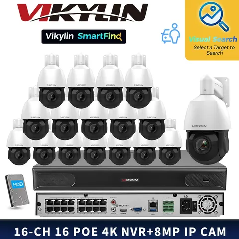 VIKYLIN SmartFind 16POE 16CH NVR 8MP IP Camera Systems 25XZoom Auto Tracking Lot