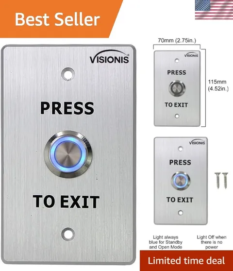 Illuminated Blue LED Push to Exit Button - Weatherproof Stainless Steel Design