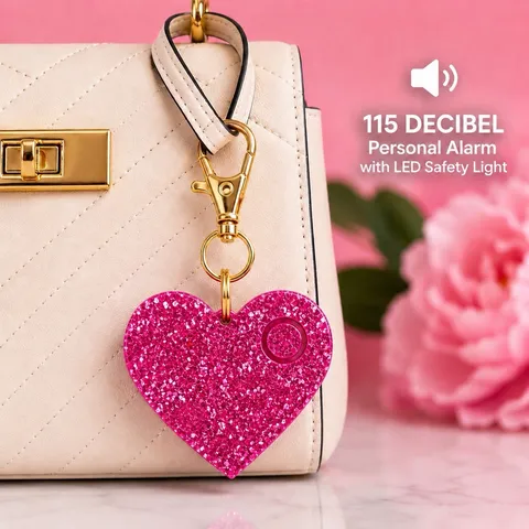 Ahh!-Larm 115dB Personal Safety Alarm Pink Glitter Heart Keychain LED Sparkle