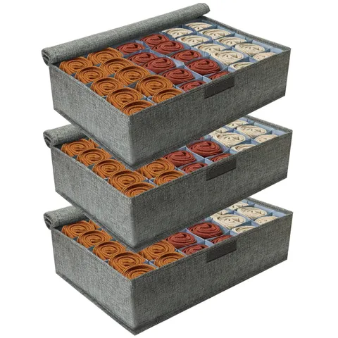 PINGMIC Gray Sock Organizer Divider 3 Pack with Lid - 30 Cell Foldable Closet...