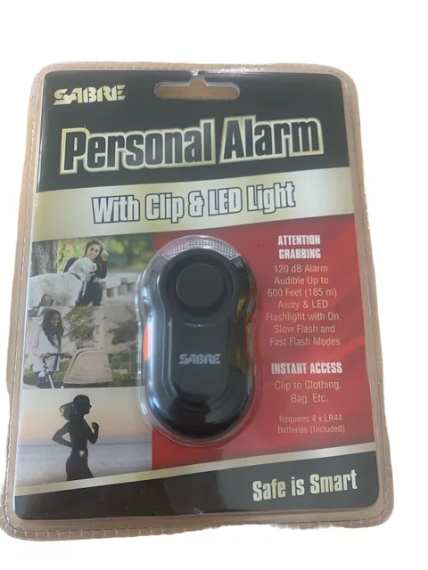 SABRE Personal Alarm with Clip & LED Light –LOUD 120dB Alarm Run Hike Bike Black